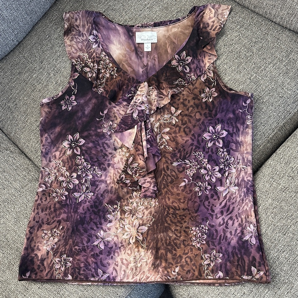 Dressbarn Purple Floral Animal Print Slinky Knit Top Ruffle V-Neck Women Size L